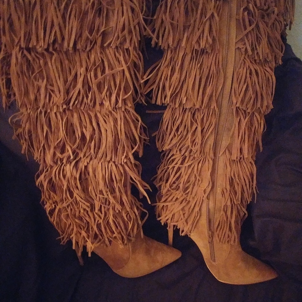 Tan thigh high 5 inch fringed boots